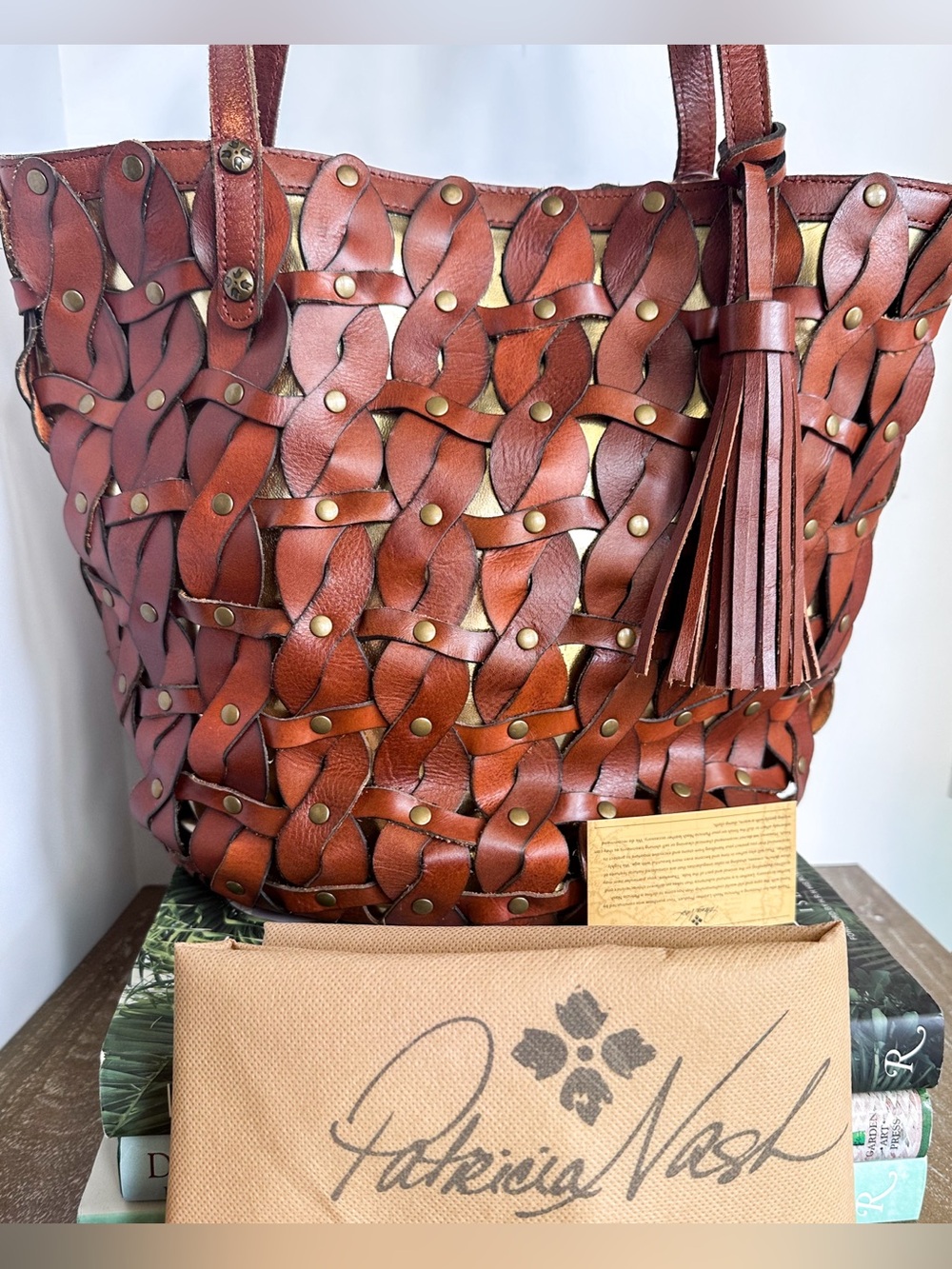 Patricia Nash Mizzana Twisted Braid Leather Tote with Tassel | Toast | NWT